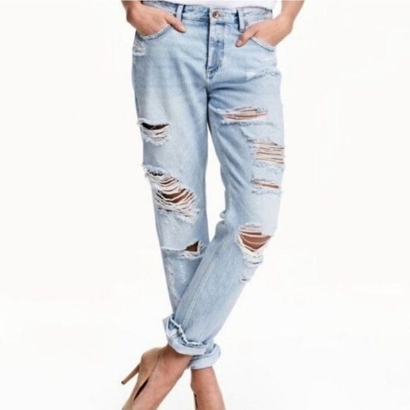 &Denim Factory Distressed Boyfriend Low Waist Blue Jeans - Picture 1 of 16